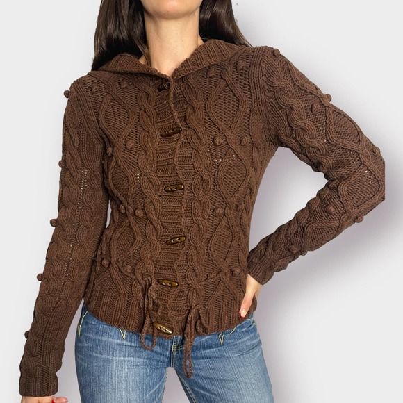 Y2K Kenji Brown Cardigan Sweater with‎ Hood - Picture 4 of 9